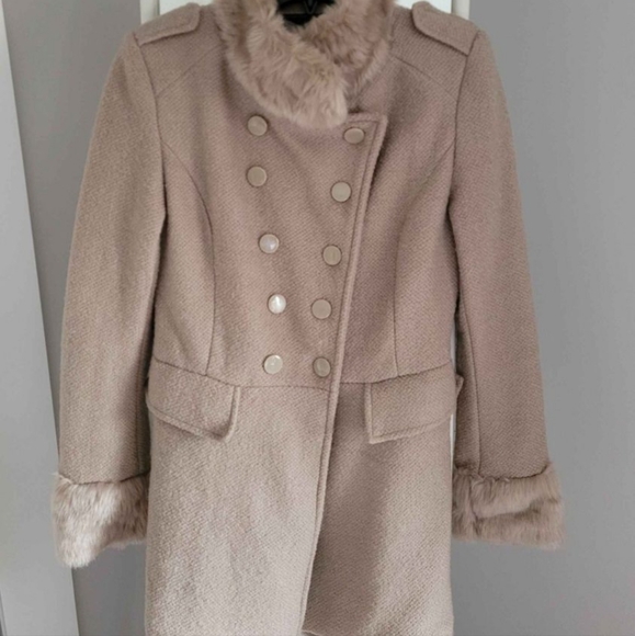 Women' coat, size XS, Beige, wool blend with faux fur - Picture 1 of 3
